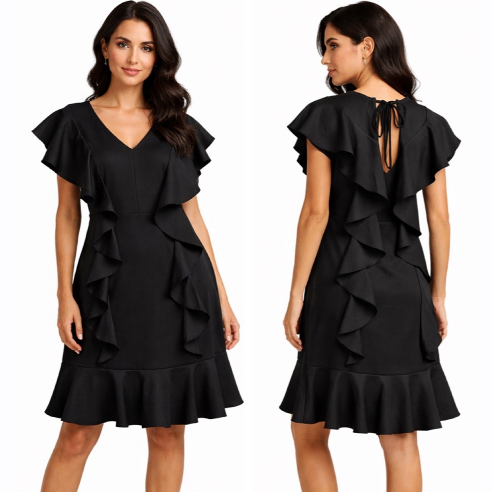 English Factory Womens Black Sleeveless Ruffle Short Knee Length Dress Large NEW